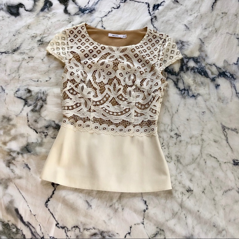 Bailey 44 Lace Blouse w/ Faux Leather Peplum - XS